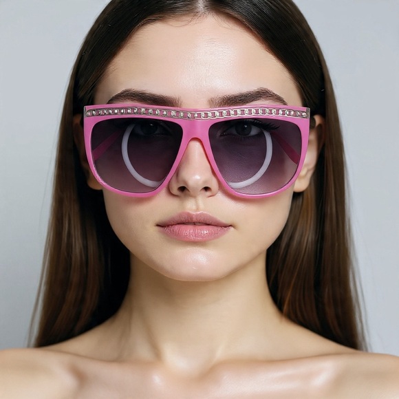 Oversized Chain Accent Dark Shade Glasses - Pink - Picture 1 of 9